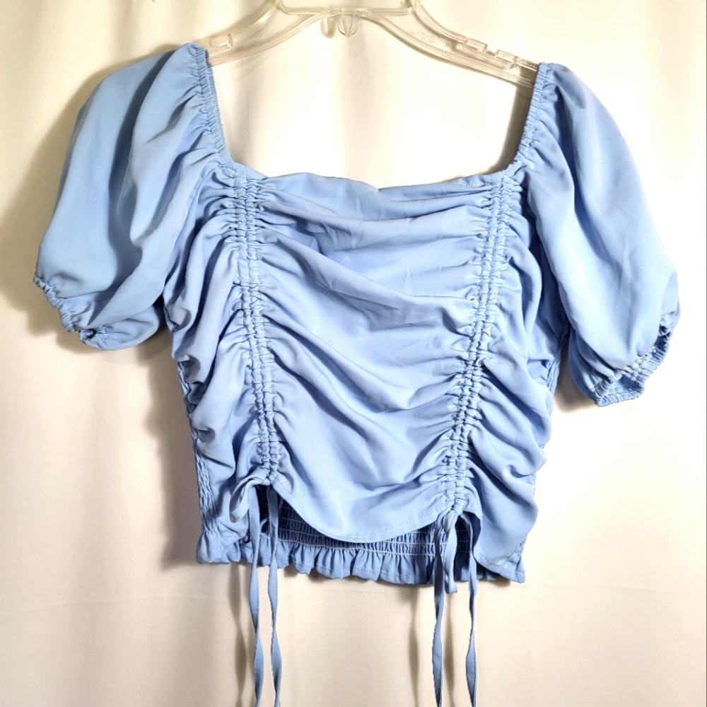 Silky blue short puffy sleeve crop top   women's M  #1722